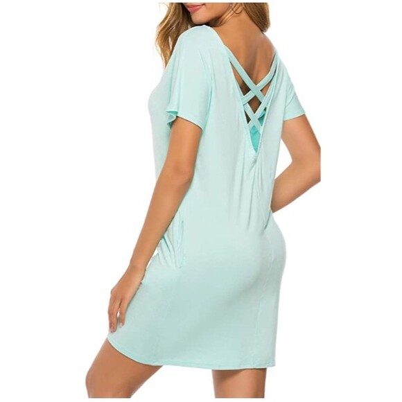 Mint Blue Dress With Pockets Criss Cross Short Sleeve Beach Tunic T Shirt Dress - Picture 2 of 12